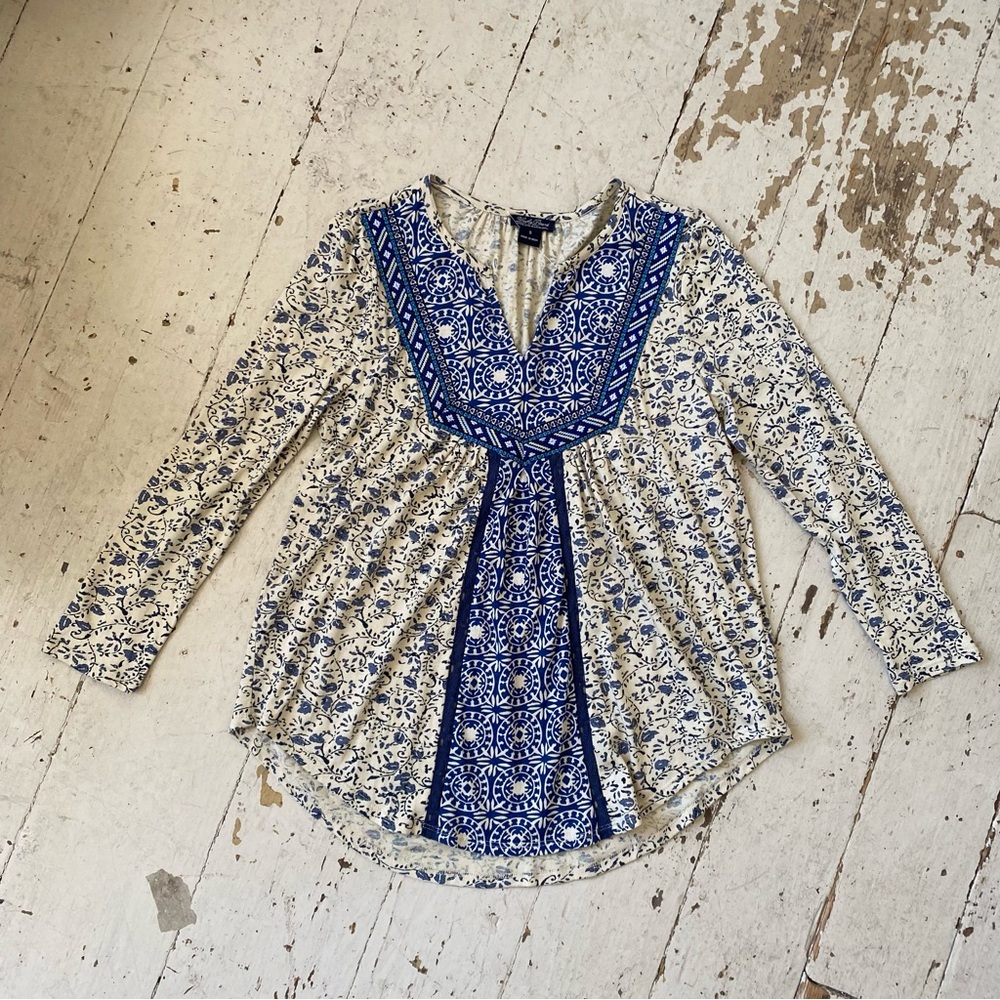 Lucky Brand Boho Peasant Top Jacquard Trim